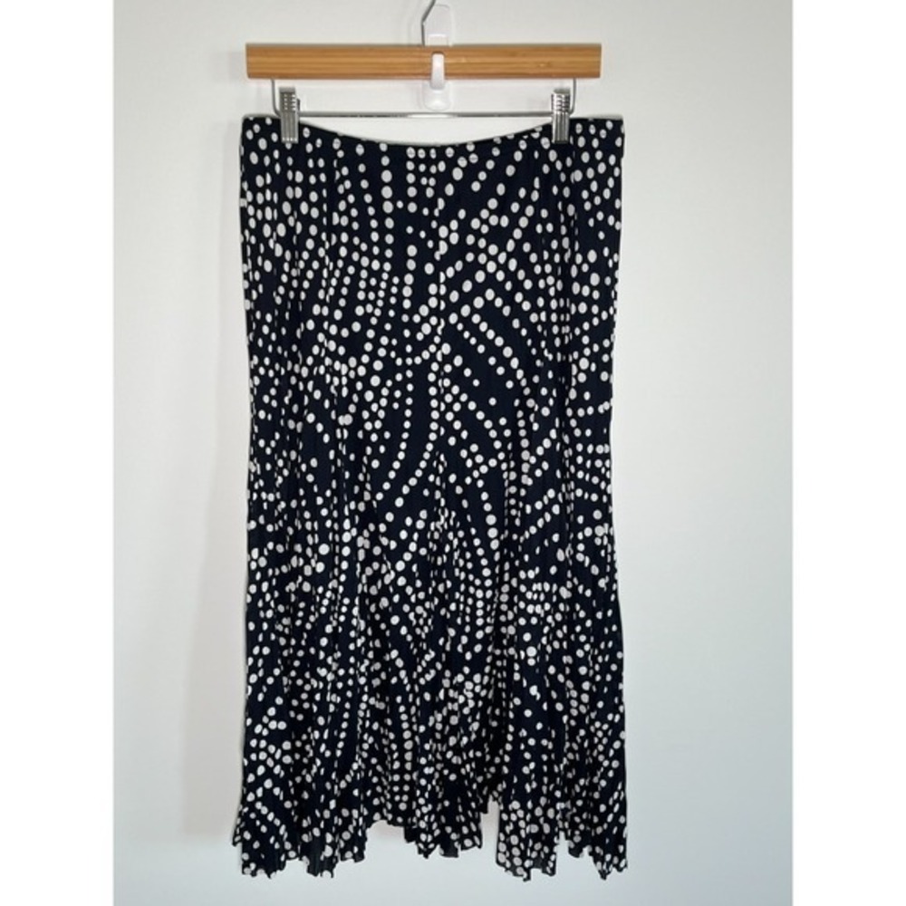 VTG Y2K 90s Preppy Midi Skirt Large Navy Polka Dot Flowy A-Line Elastic Waist